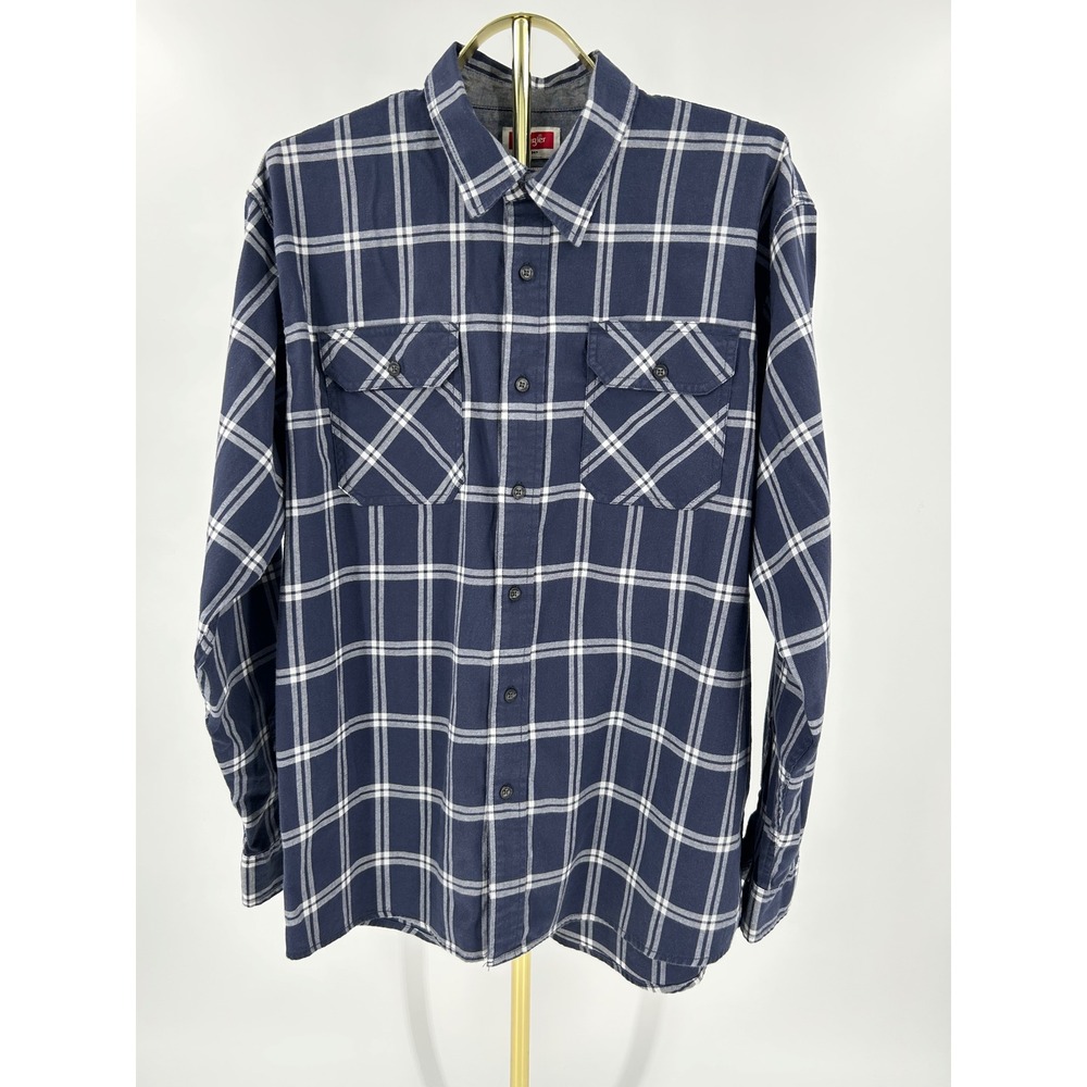 Wrangler Flex for Comfort Navy Blue White Plaid Button Down Shirt Mens XL